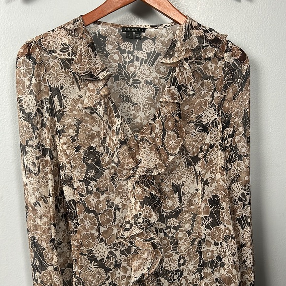 Theory Silk Floral Sheer Ruffle V- Neck Long Sleeve Top size S - Picture 7 of 10